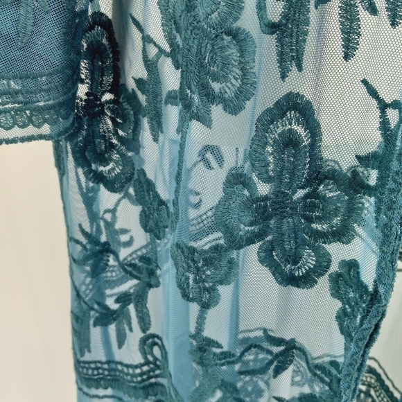 *SOLD* CRACKER BARREL Boho Chic Teal Floral Lace Mesh Kimono Duster Beach Cover - Picture 9 of 12